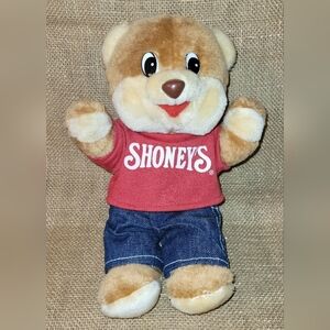 Vintage Shoney's Restaurant Mascot Bear Plush Teddy In Jeans &Red Logo Shirt 11"